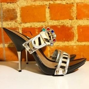bebe Black and Silver Heels with Animal Print